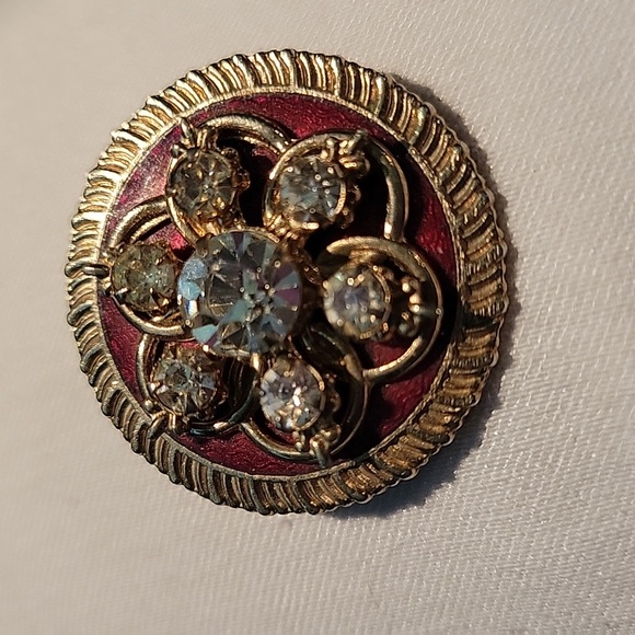 Vintage Round Gold Brown Rhinestone Brooch - Picture 11 of 12